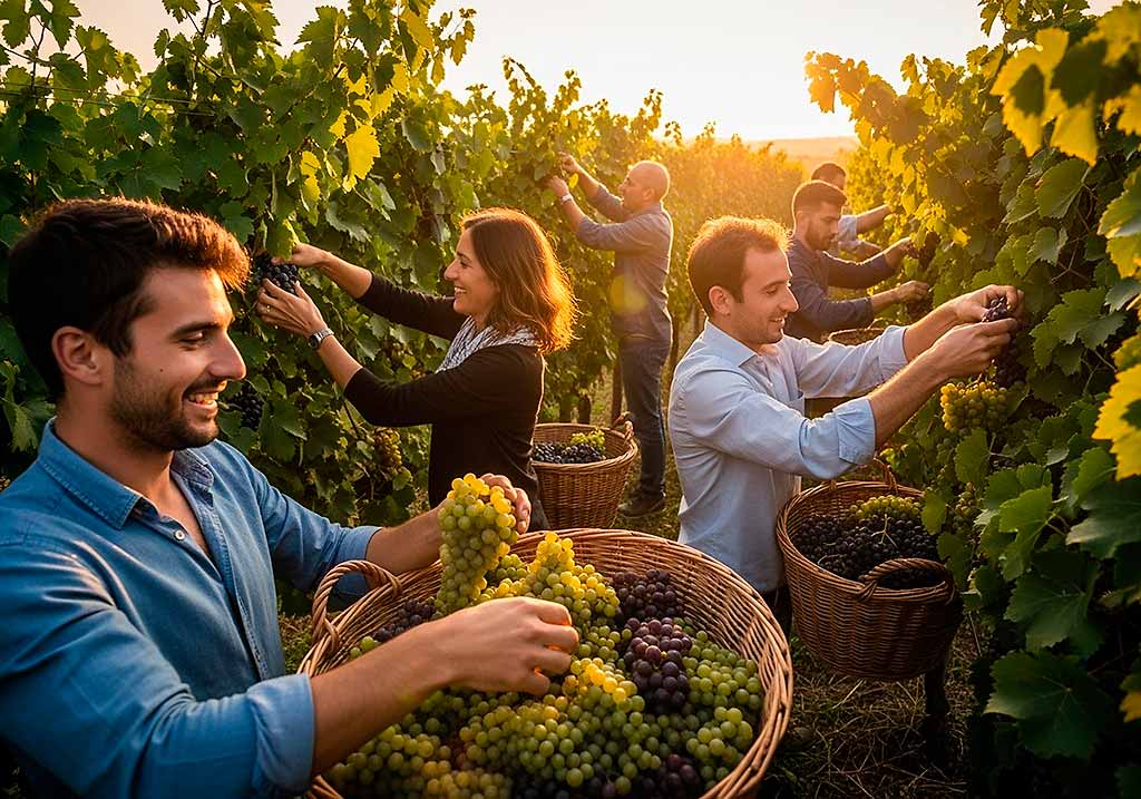 Men and women busy harvesting grapes in Tuscany.